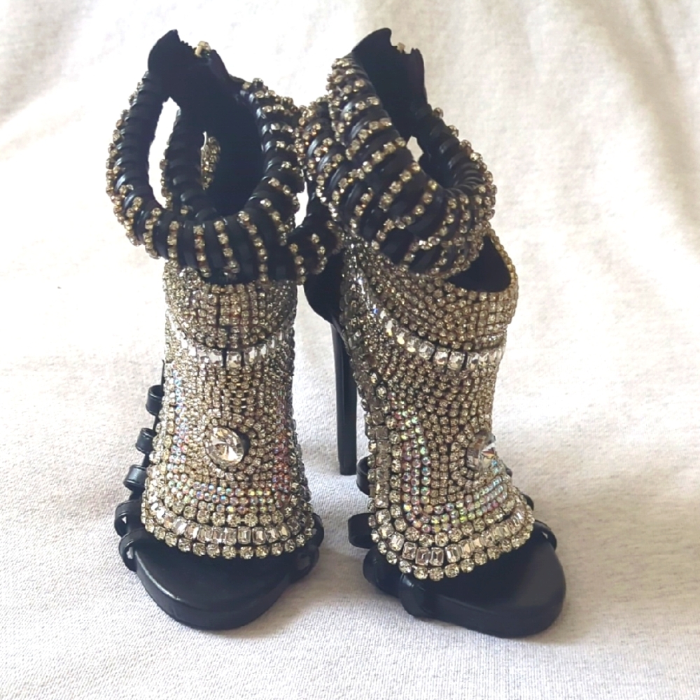 Black and Silver Heels with Stiletto and Metallic Embellishments